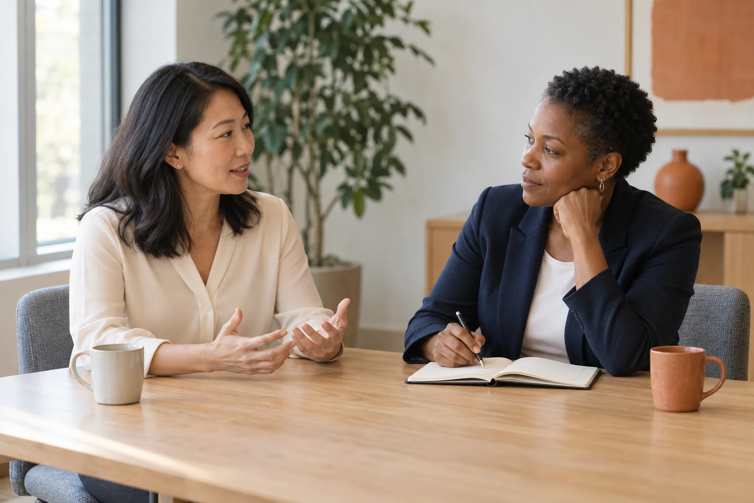 Two professionals in a thoughtful conversation