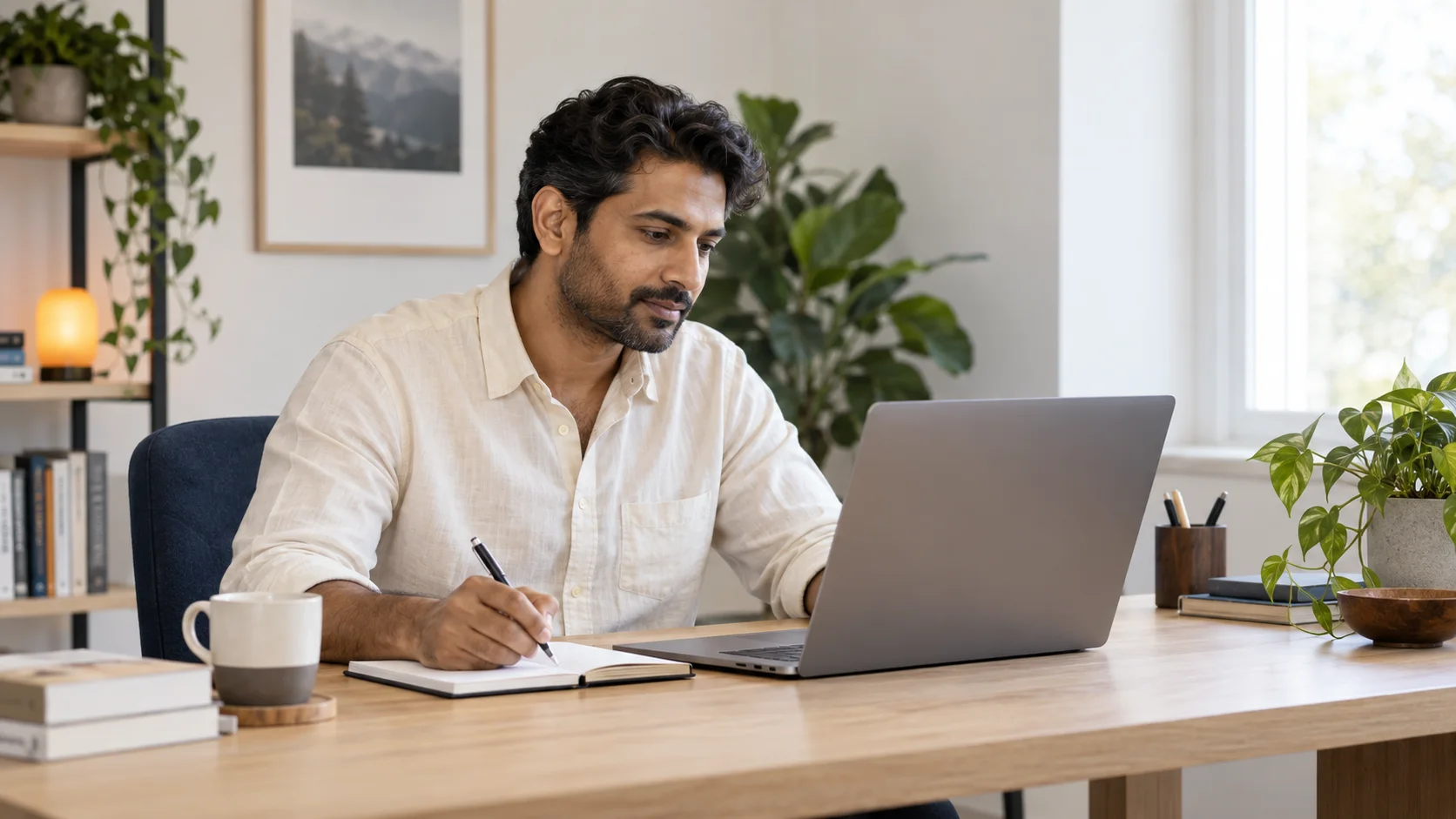 Adult learner taking notes while studying