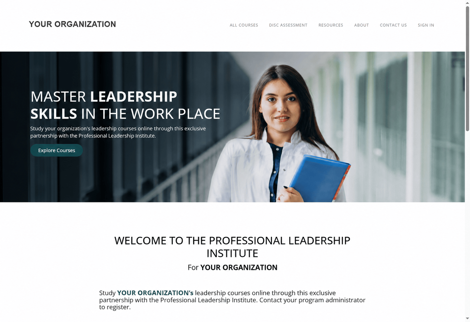Anonymized preview of a PLI white-label learning school